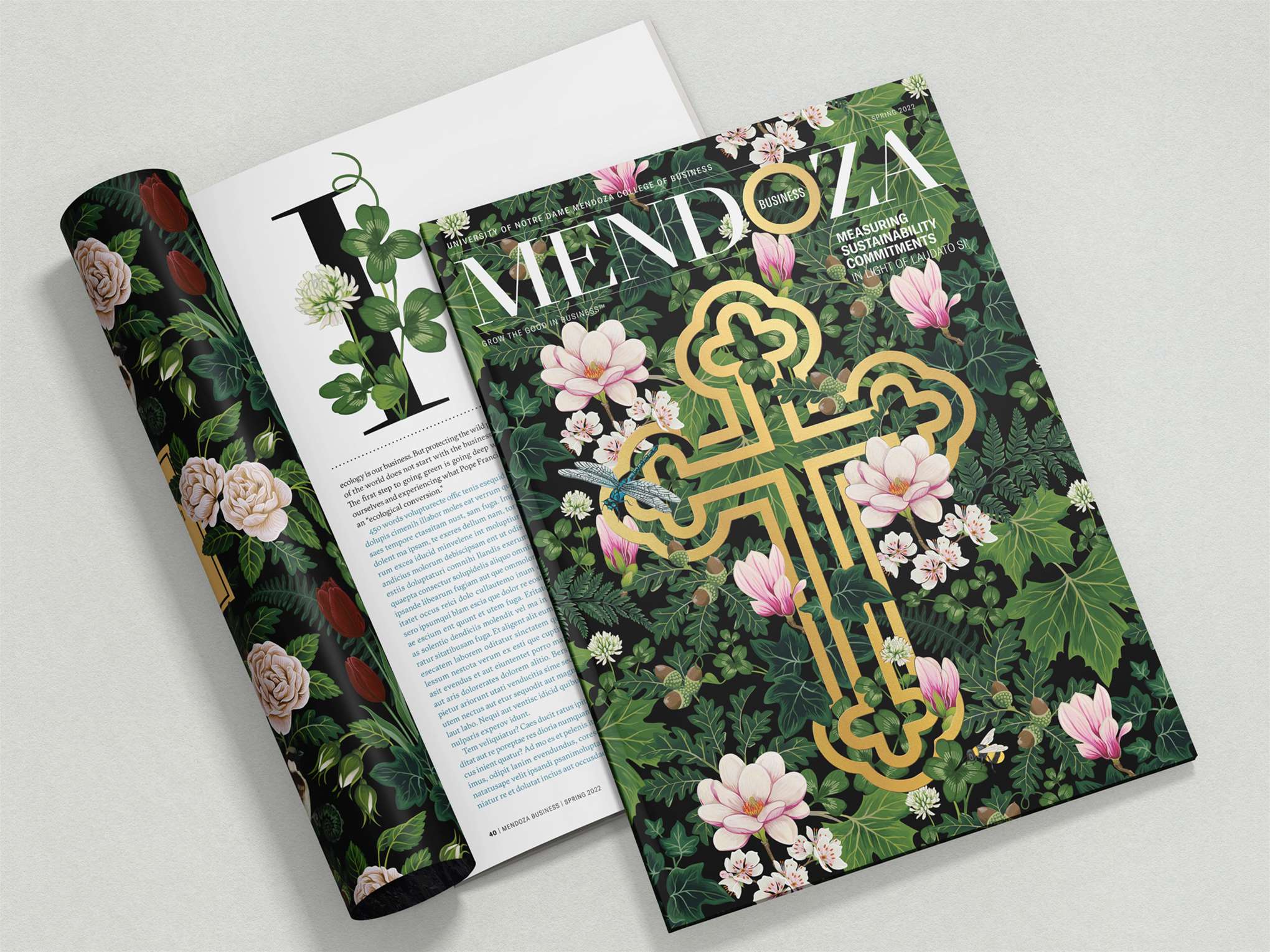 Charlotte Day, Botanical cover artwork for Mendoza Magazine with gold cross surrounded by hand painted florals.