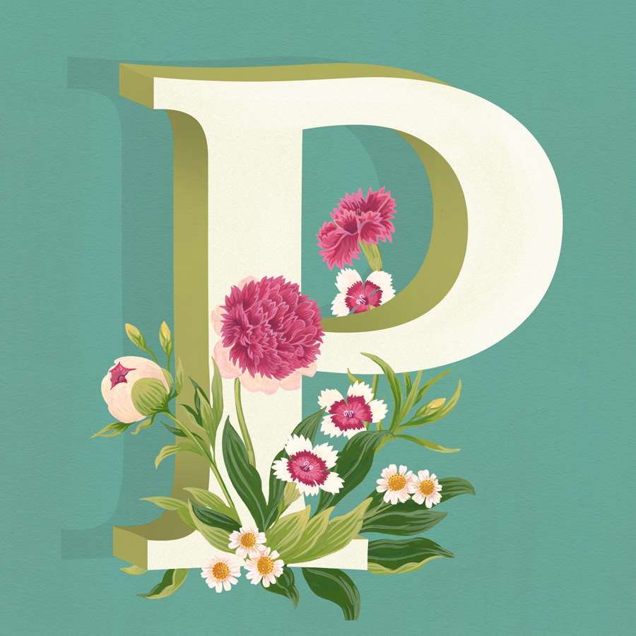 Charlotte Day, Gold letter P with decorative botanical element - lettering  
