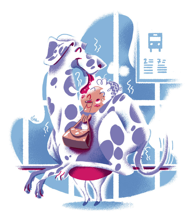 Jan Bielecki, Cartoony illustration  of an old lady carrying her massive dog