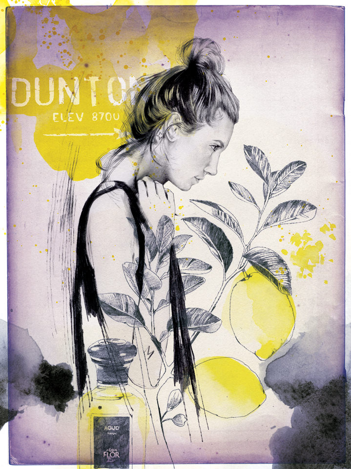 Montse Bernal, Delicate pencil portrait illustration of a woman with splashes of yellow and black ink, a perfume bottle and a lemon tree