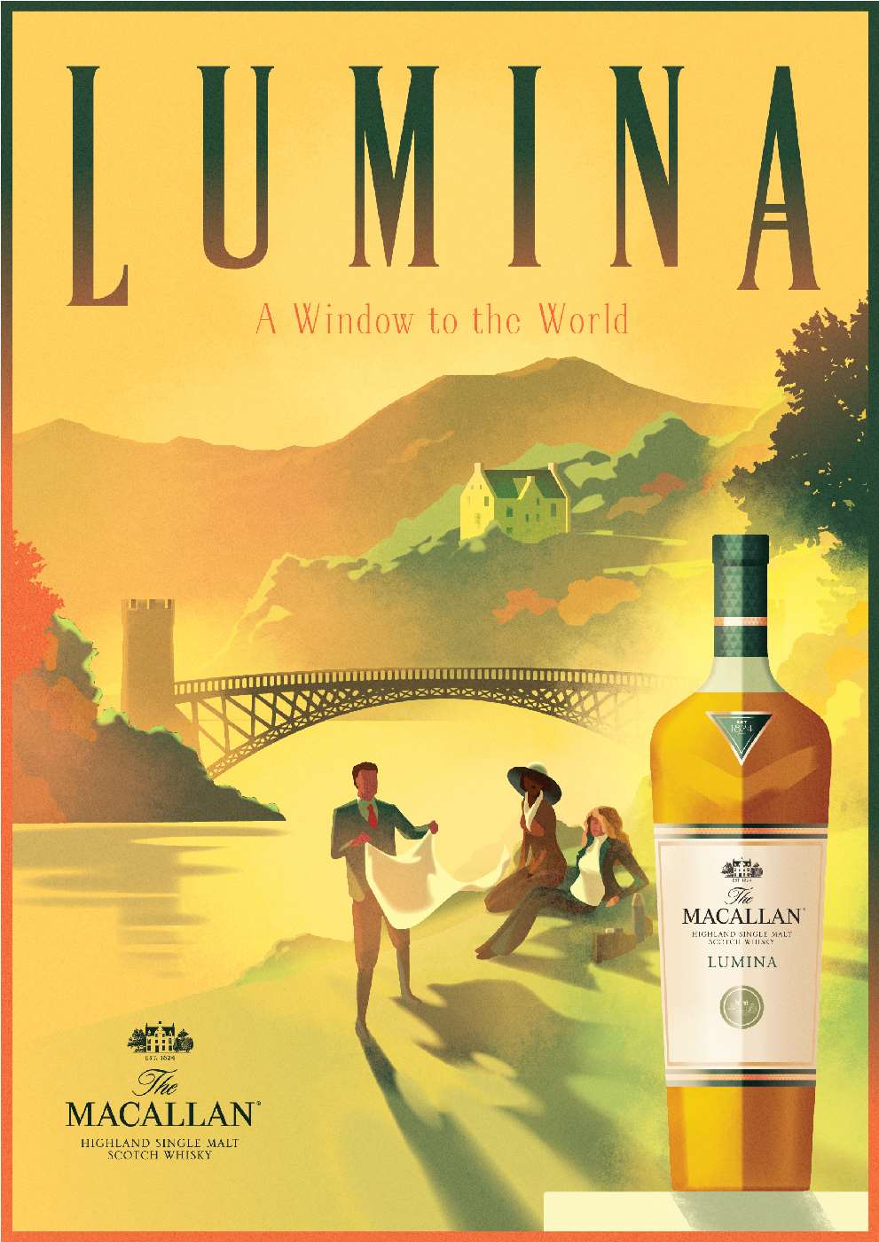Mads Berg, Retro poster illustration for luxury Macallan whisky. Family  posing in front of beautiful sunny landscape. 