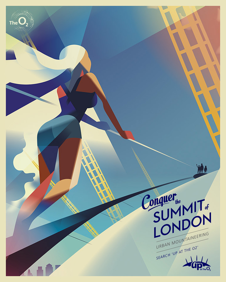 Mads Berg, Vintage vector textural illustration of "conquer the O2" campaign. Women climbing up the O2