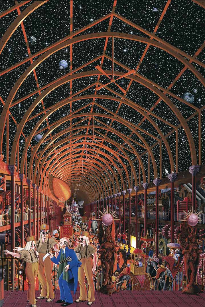 Mike Wilks, Surrealist and detailed hand-painted scene of a space factory with an open roof where you can see through constellations and planets. The room is packed with people and elephants.