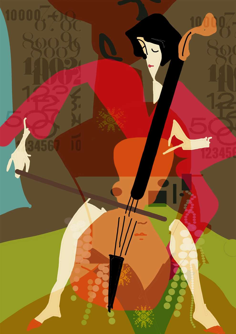 Brian Grimwood, Mixed media digital collaged illustration of a lady playing the cello.