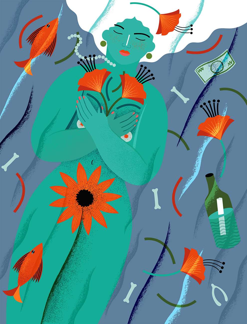 Margaux Carpentier, Bold playful illustration of a green lady hugging a flower with her hair blowing in the wind. 