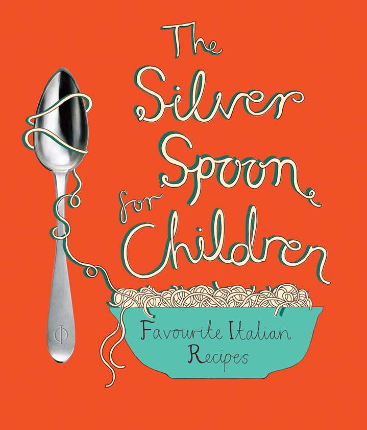 Harriet Russell, Book cover illustration for Italian recipe book The Silver Spoon for Children. Orange background with a detailed drawing or pasta spiralling round a spoon. 