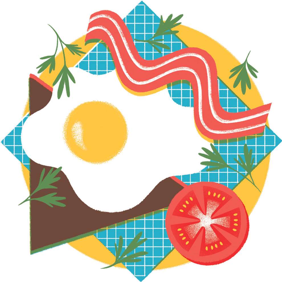 Tatiana Boyko, Tatiana Boyko textural digital illustration of a fried egg and food on a plate. 