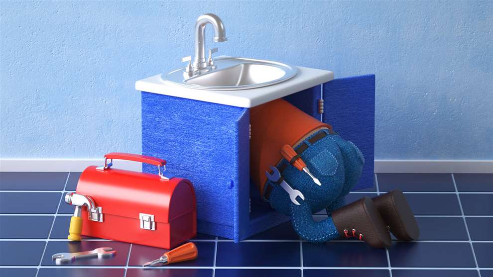 The  Rusted Pixel, Expert 3D stylised funny illustration of a plumber in a cupboard with toolbox and kitchen sink. 3D Modelled. 