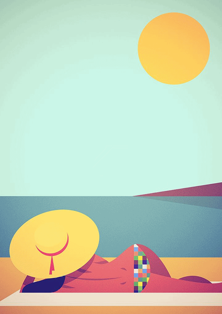 Stanley Chow, Stan Chow Illustration Bold and minimalist illustration of a lady on holiday sunbathing with a hat on. 
