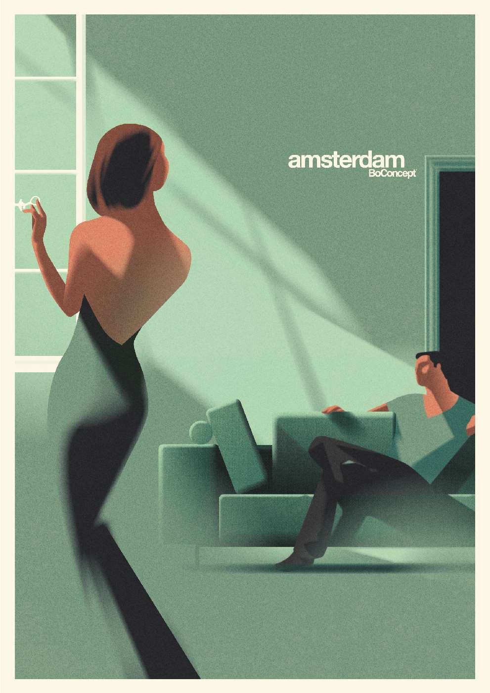 Mads Berg, Retro poster illustration for Co Concept, Amsterdam. Women posing in front of window with beautiful light. 