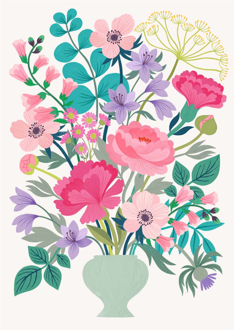 Tatiana Boyko, Botanical gouache illustration of a bouquet of pink flowers.