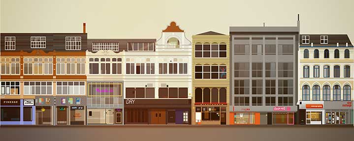 Stanley Chow, Bold and graphic digital illustration of a series of townhouses and shopfronts. Architectural detailing. 