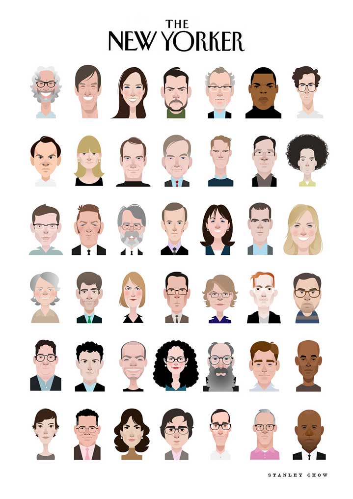 Stanley Chow, Digital Graphic Minimalist Cover for the New Yorker showing a series of portraits. 