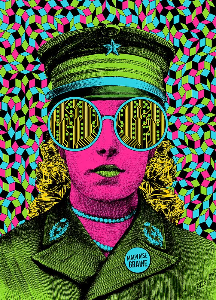 Elzo Durt, Elzo Durt Psychedelic and Bright illustration of a women with pink skin wearing big glasses with a psychedelic colourful background