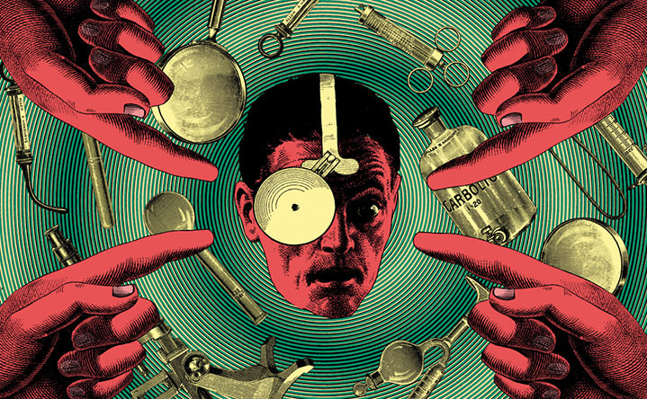 Elzo Durt, Elzo Durt Psychedelic and Medical Illustration of a doctor surrounded by medical instruments and fingers pointing at him. 