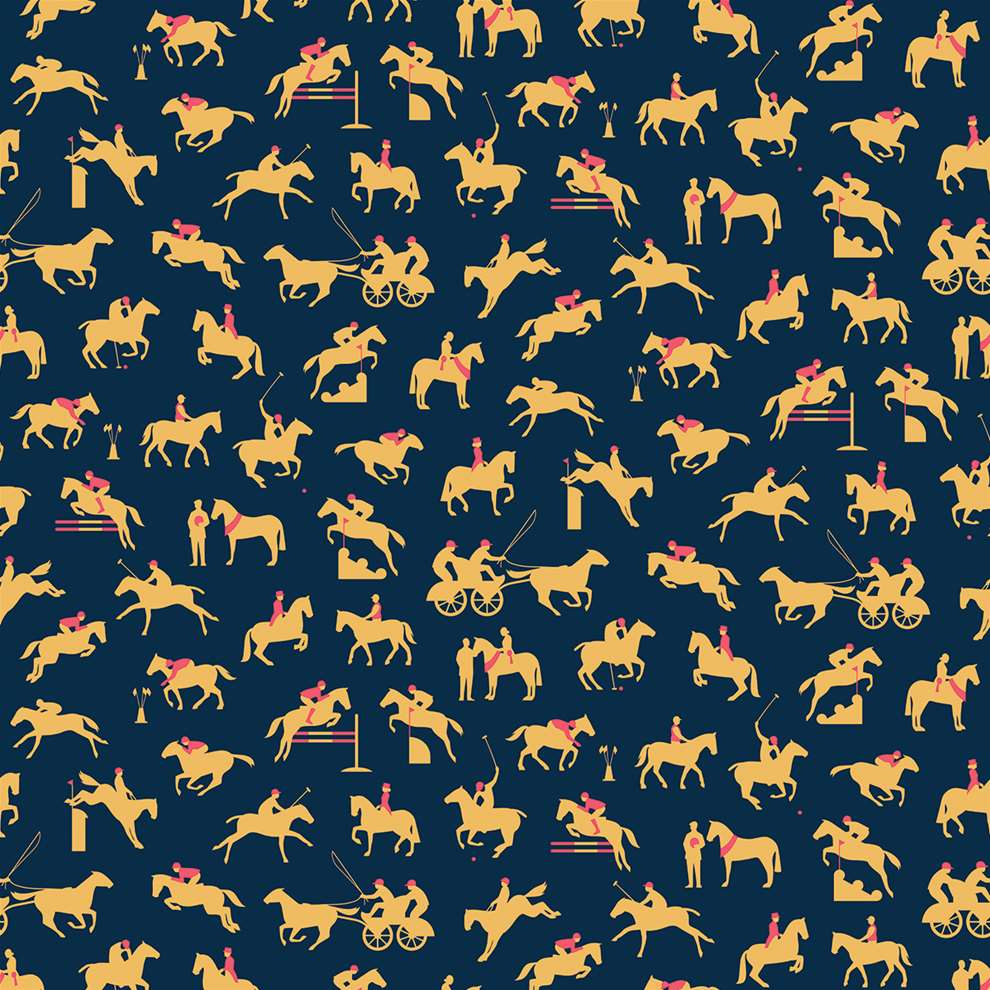 Paul Oakley, Graphic and bold horse racing repeated pattern with yellow horses and jockeys on a dark blue background. 