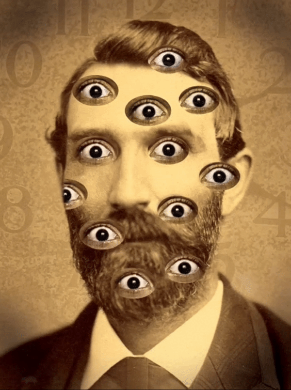 Lou Beach, Surreal abstract man portrait, photo collage of several eyes paste on his face