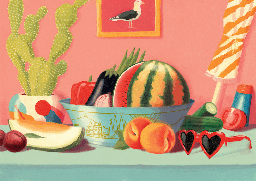 David De Las Heras, David De Las Heras Detailed realistic hand painted still life of a series of fruits and vegetables on bold colourful backgrounds. 	