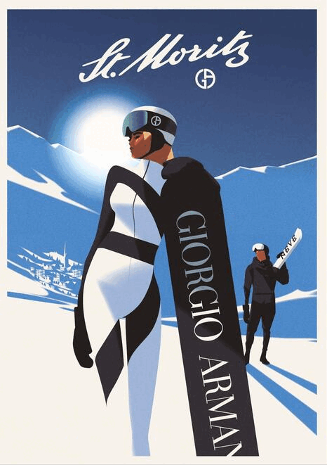 Mads Berg, Vintage vector digital illustrations for a luxury fashion brand, Georgio Armani, as part of their ski resort pop-up series taking place throughout the year (2023).