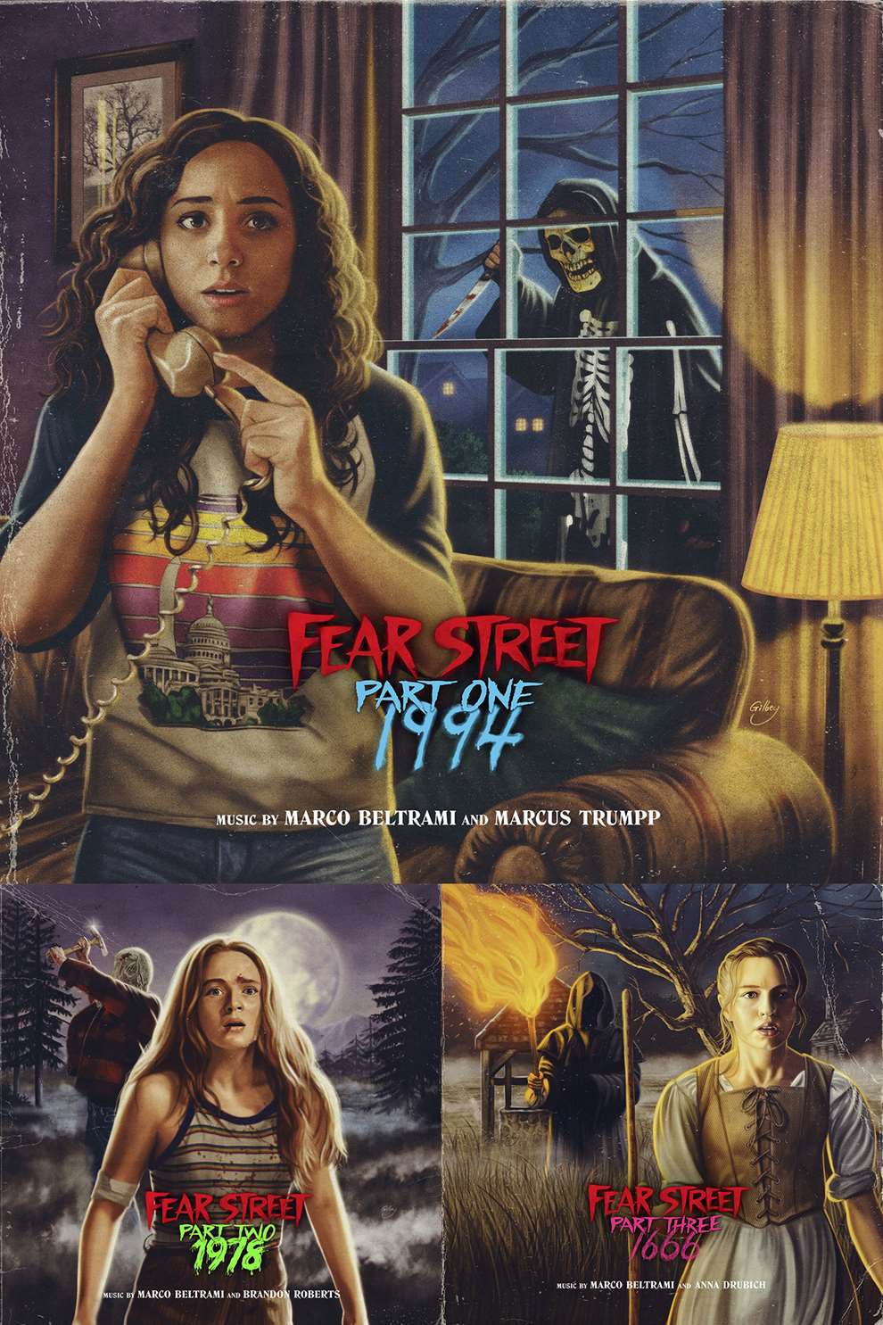 Sam  Gilbey, Old style, retro Illustrations for WaxWorks Records Deluxe 3 x LP's for Netflix's The Fear Street Films.