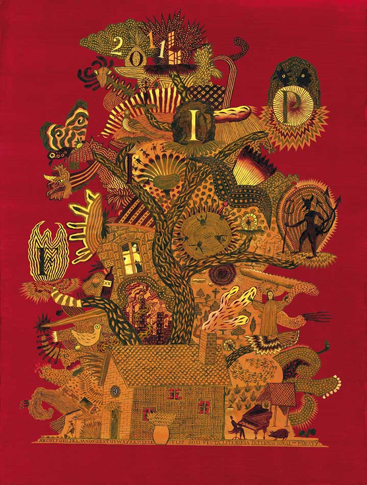 Jeff Fisher, Hand-painted house illustration on a deep red background surrounded by detailed and decorative wildlife and surreal elements 