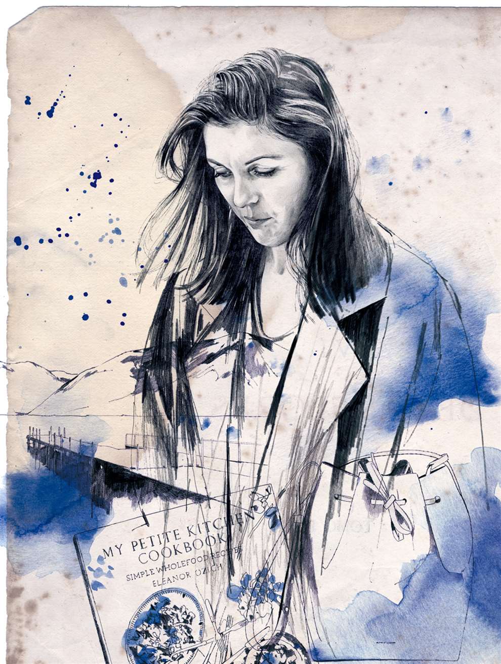 Montse Bernal, Watercolour mixed media illustration of a woman looking sad with landscape in the background. Painterly, loose style. 
