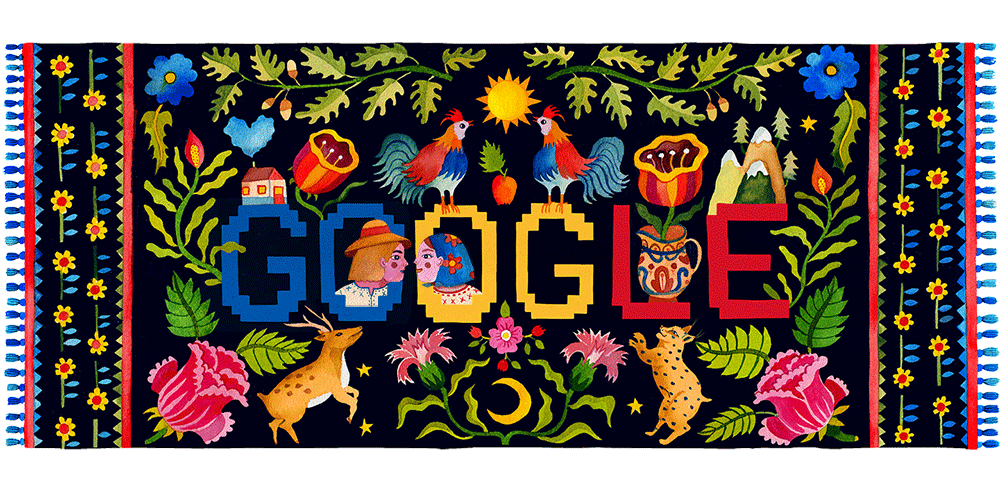 Aitch, Handpainted GOOGLE DOODLE, floral wildlife and two characters on black background.