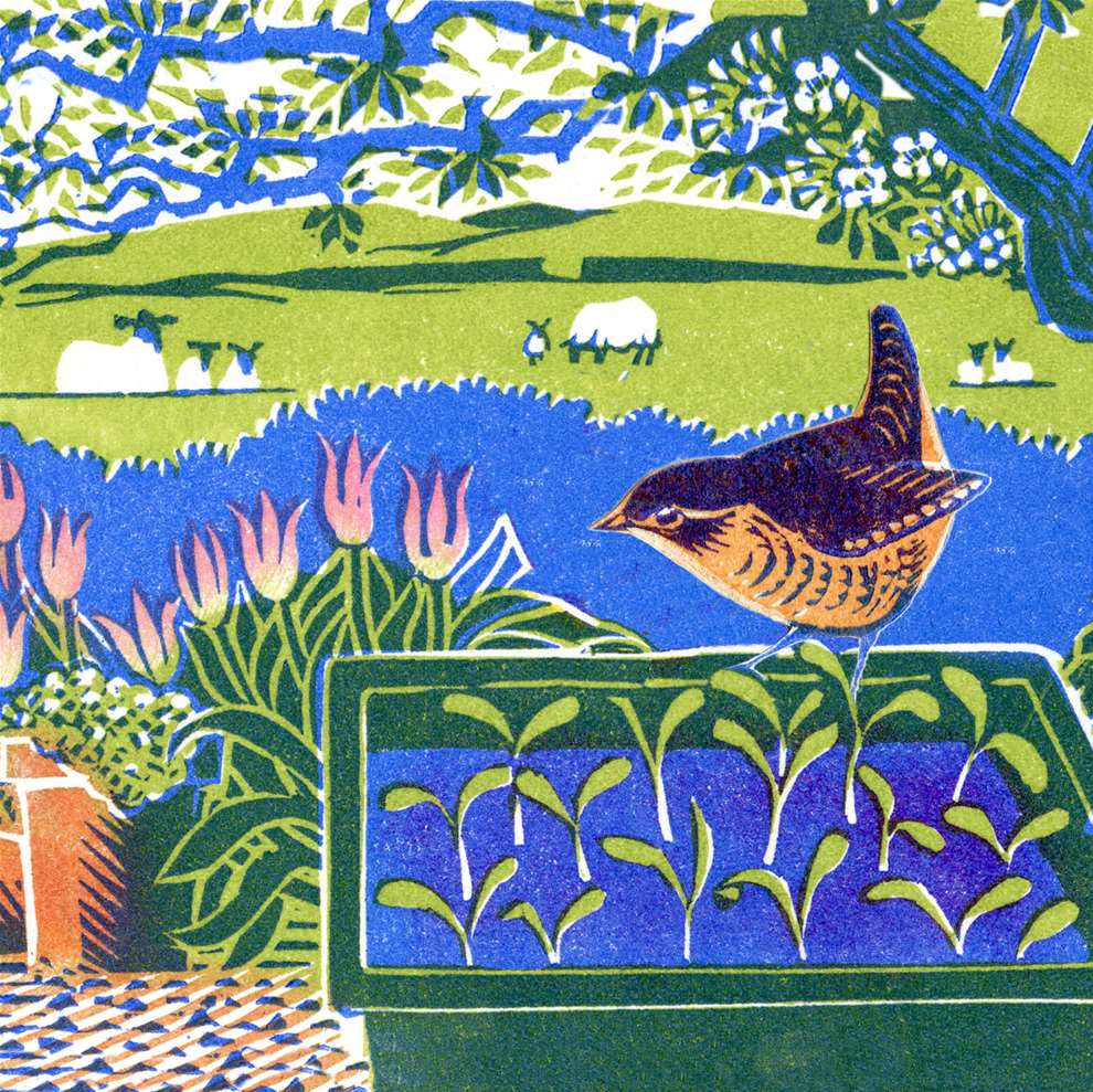 Clare Melinsky, Traditional linocut illustration of a bird with landscape in the background, botanical details on a summers day.  