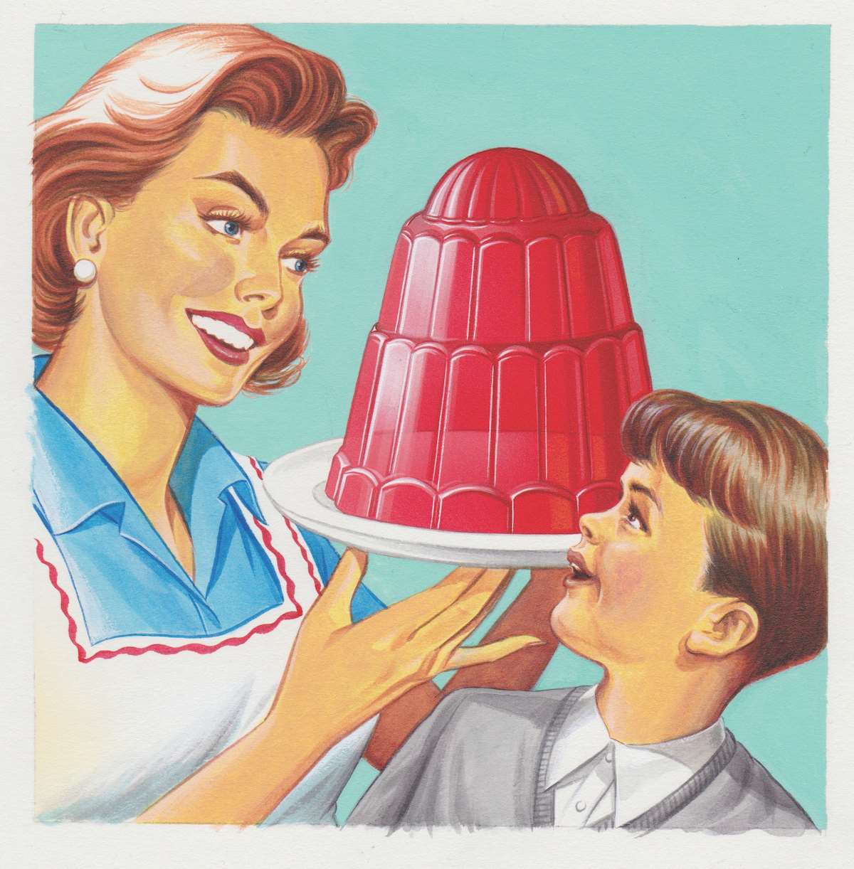 Mark Thomas, hand drawn 1950s mother and son with a jelly. Referencing mid century Norman Rockwell illustrations.
