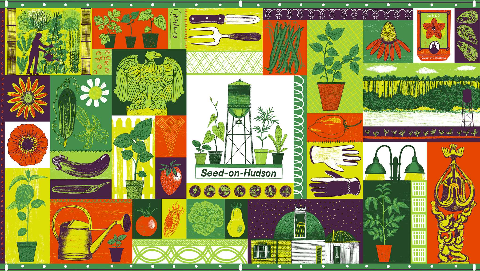 Alice Pattullo, Illustration and logo produced for NY based nursery and flower farm, Seed-On-Hudson including plant varieties Katie grows as well as local landmarks in Hasting-on-Hudson where she is based.