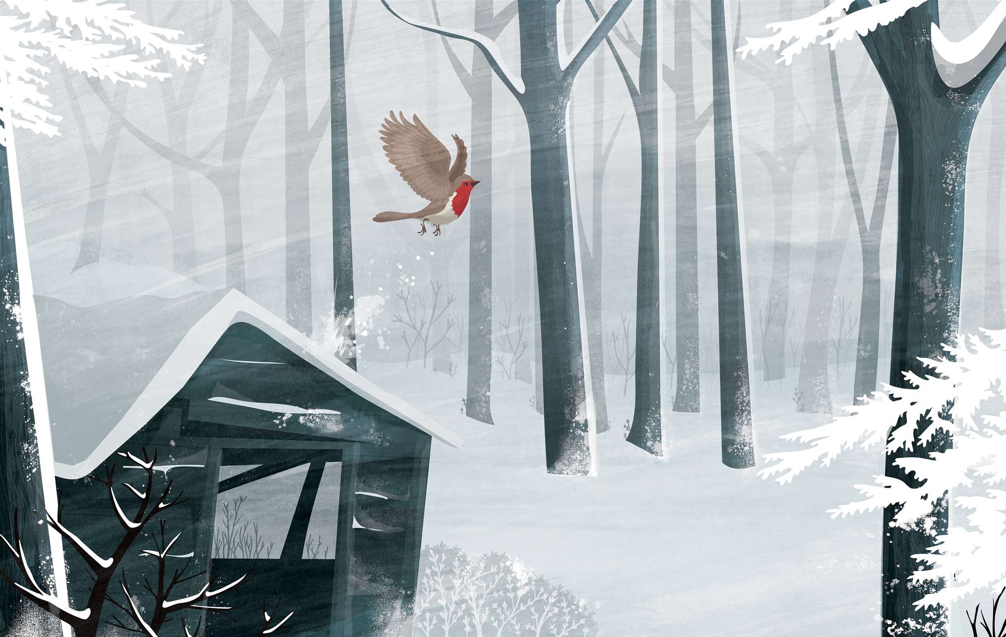 Kerry Hyndman, Winer digital textural illustration landscape of snowy house in a forest with birds flying through. 