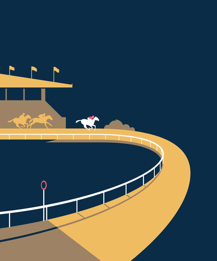 Paul Oakley, Bold and digital graphic illustration of horse racecourse.