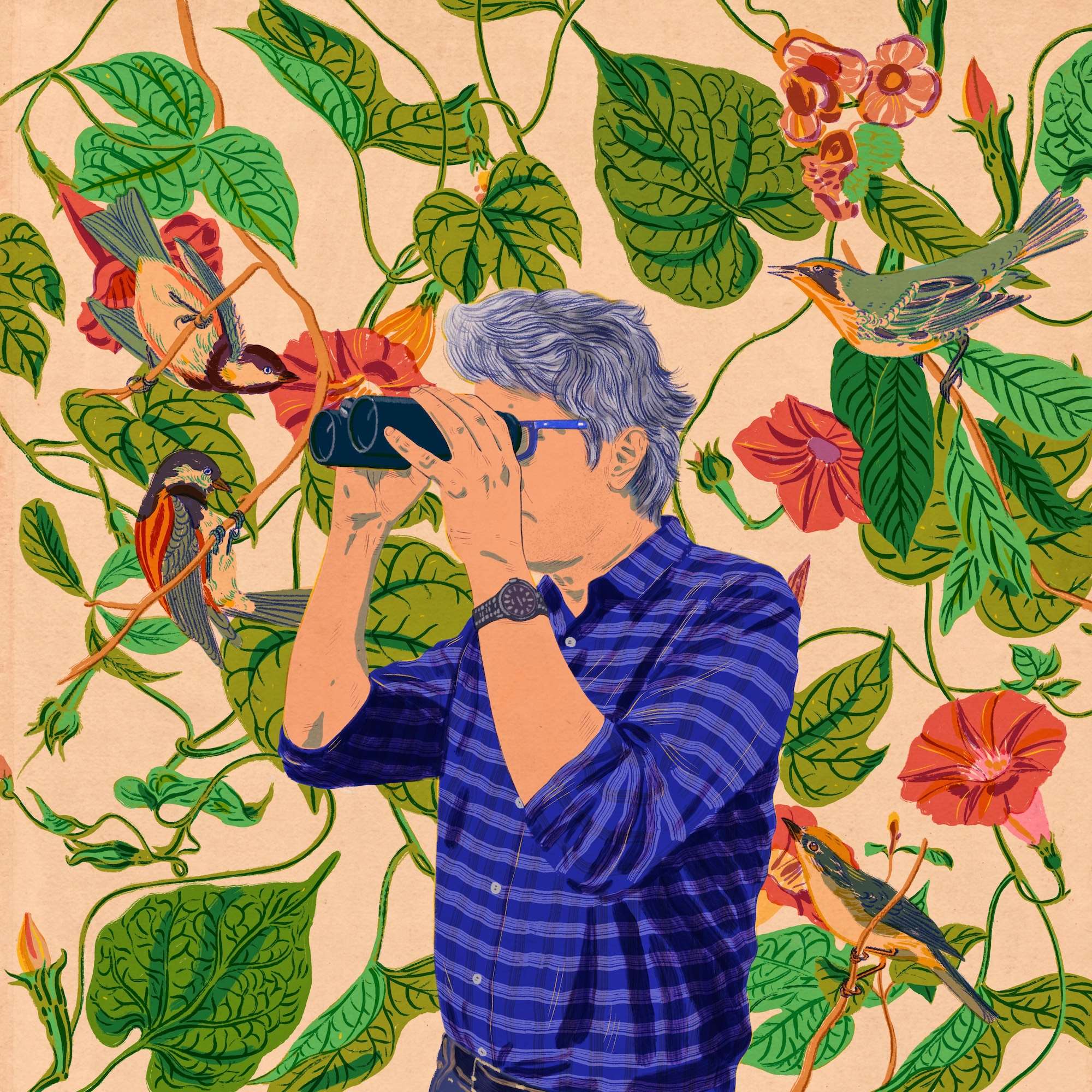 Anna Higgie, Detailed illustration of a man with binoculars with wildlife and botanicals surrounding him.