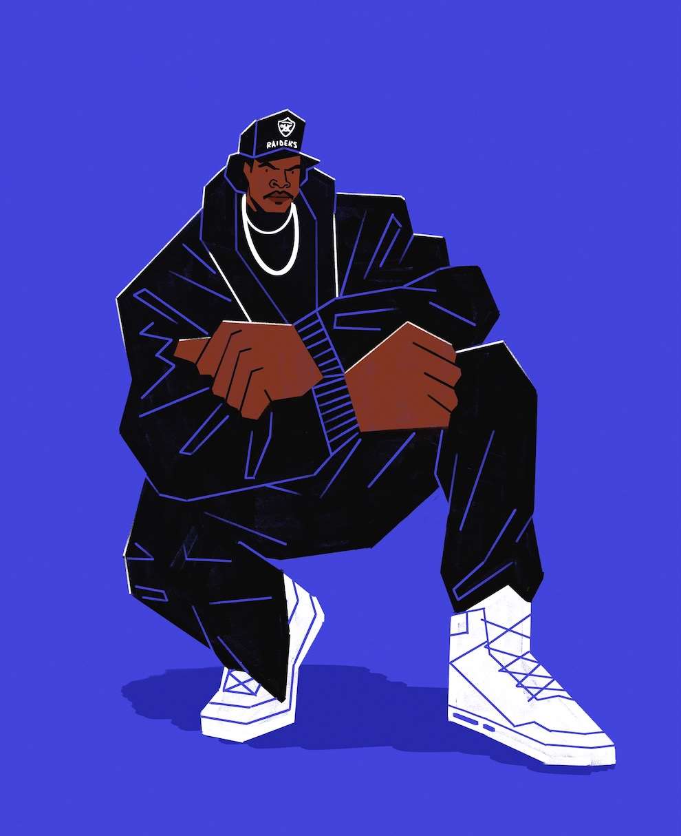 Dale Edwin Murray, Graphic digital illustration of a rapper on bright blue background. Fashion, style, vector. 