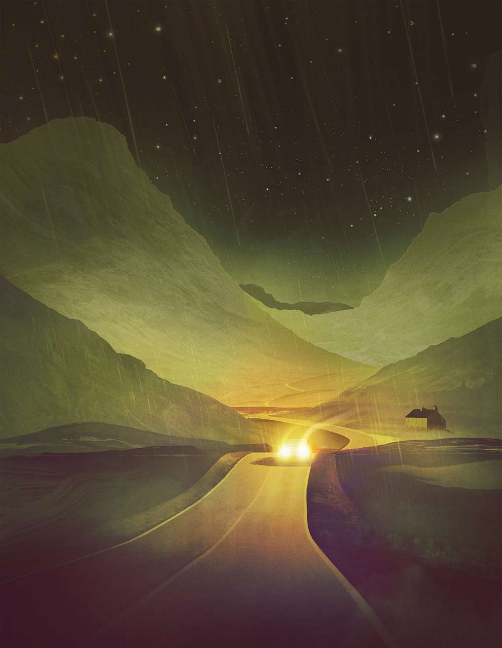 Darren Hopes, Beautiful mountainous landscape with car and house by Darren Hopes.