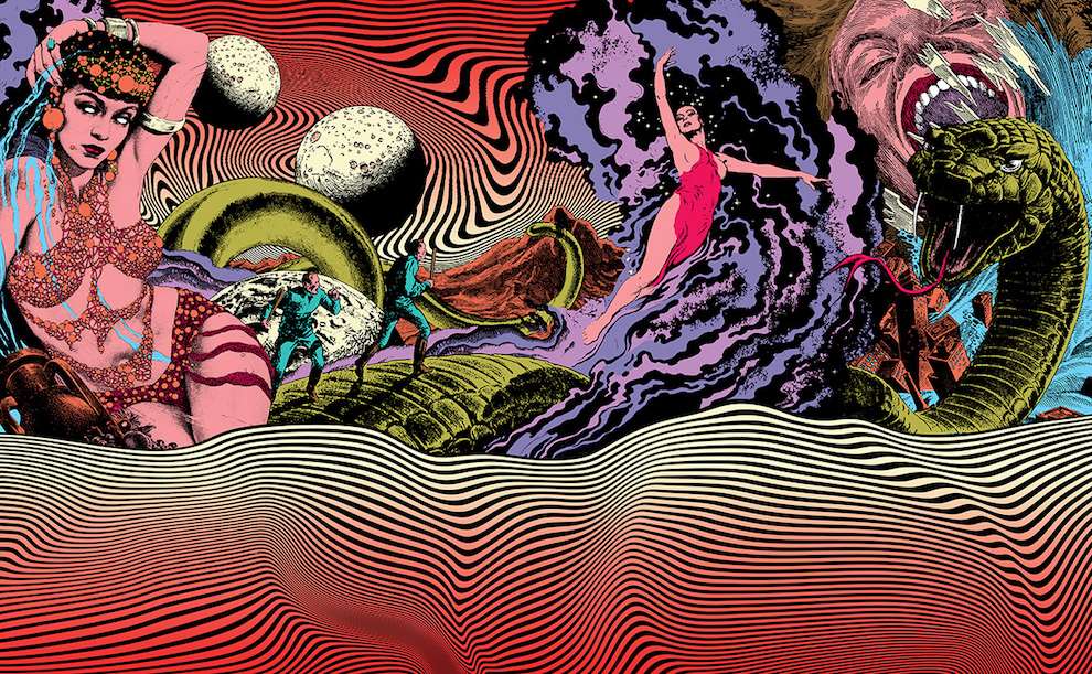 Elzo Durt, Psychedelic mixed media collage vibrant illustration, painted as a large mural for clothes brand. 