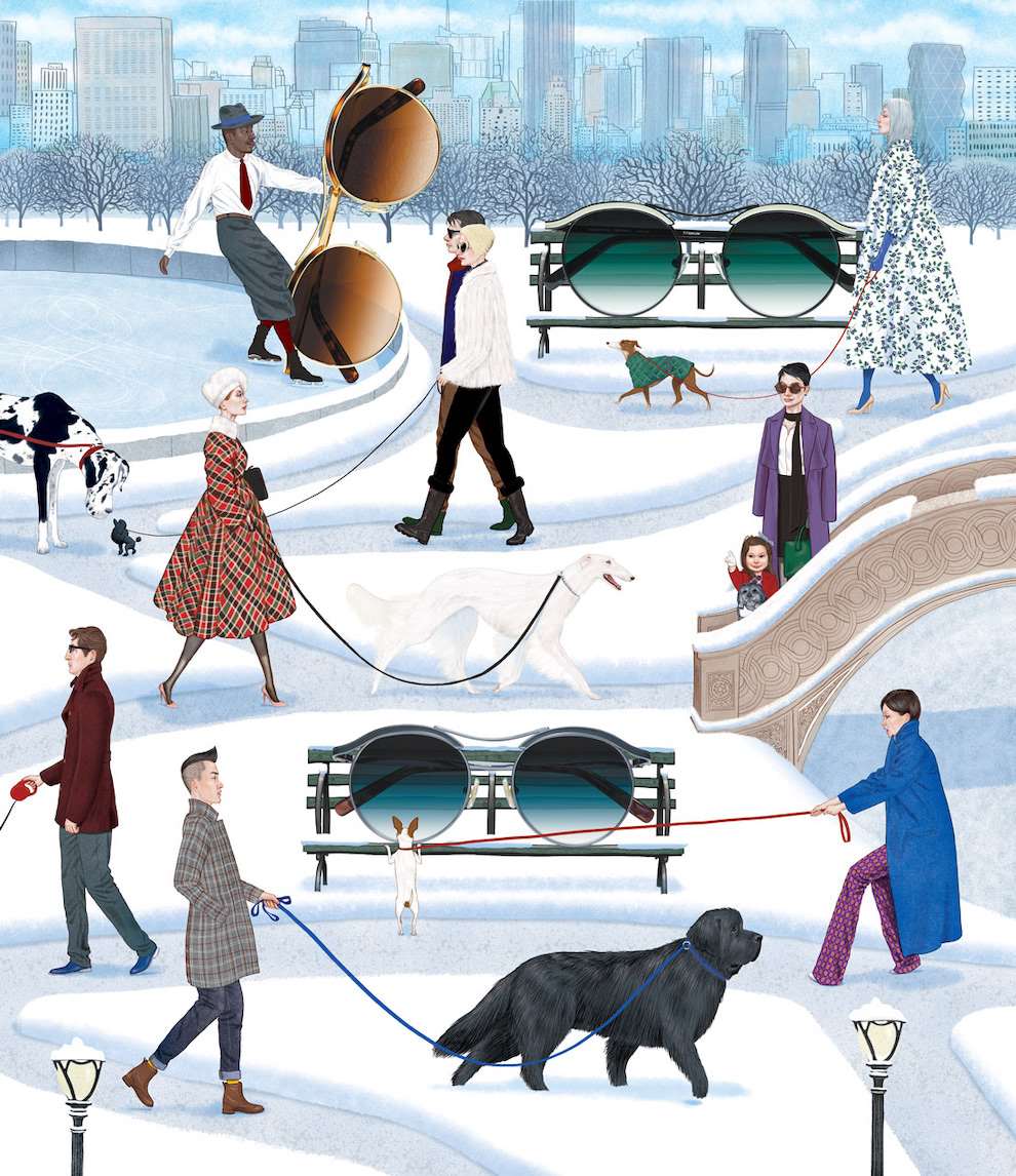Jason Raish, Illustration of winter sunglasses in a park for Morgenthal Frederics