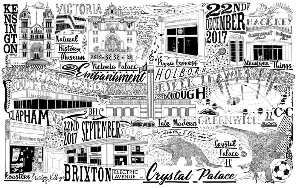 Jitesh Patel, Black and white illustrated typography map of London.	