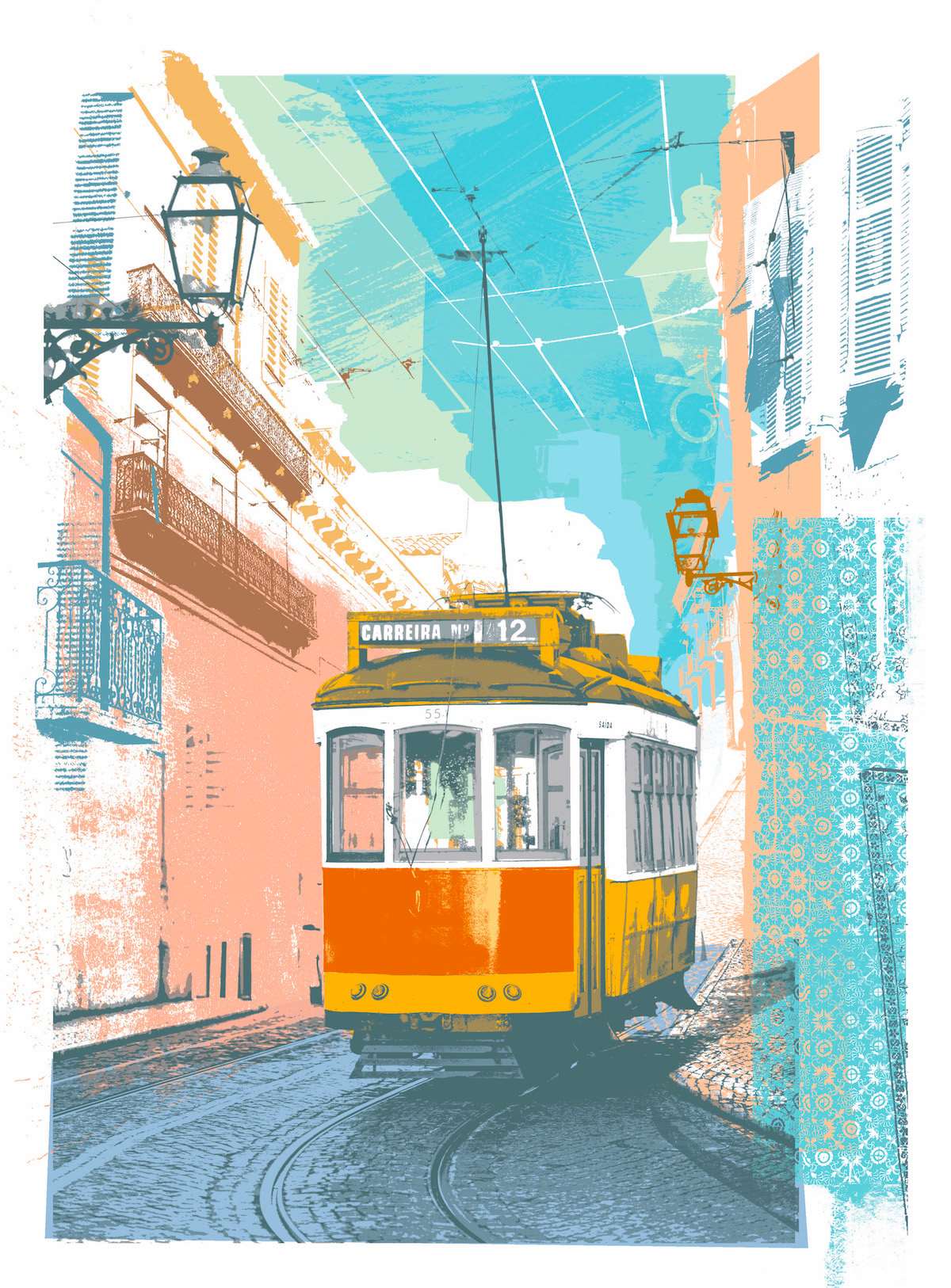 Kate Miller, hand sketch illustration using collage and digital layers. Scene of a tram in Lisbon on a narrow street. 