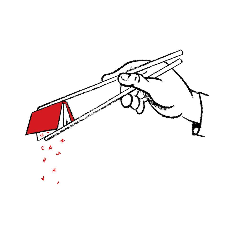 Nishant Choksi, Conceptual illustration of someone holding a book with chopsticks 