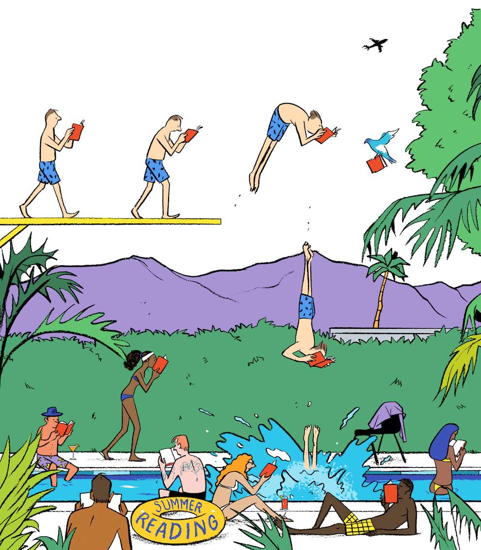 Nishant Choksi, Illustration of an outside swimming pool with people reading books 