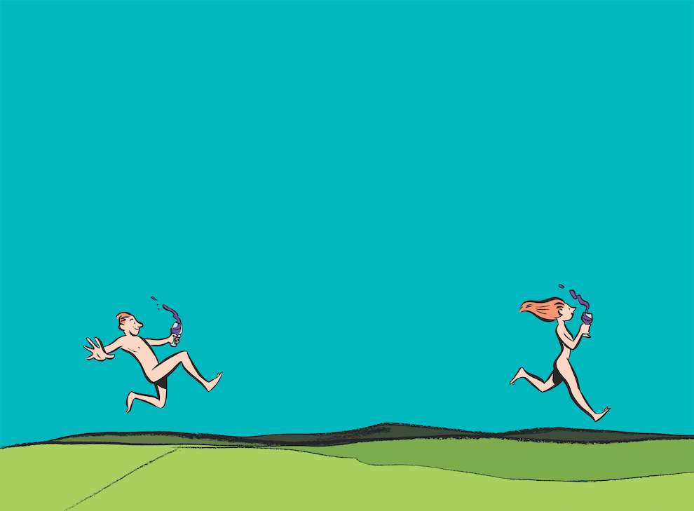 Nishant Choksi, Fun illustration of a naked couple running naked in a field with a bottle of wine 