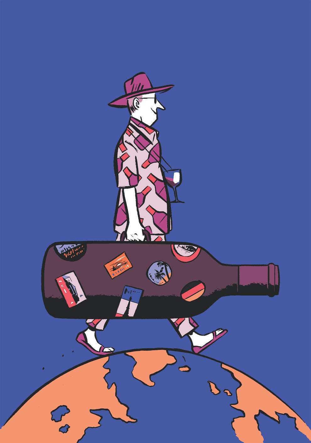 Nishant Choksi, Playful editorial illustration of a wine connoisseur standing on the globe carrying a wine bottle. Adventure, travel.  