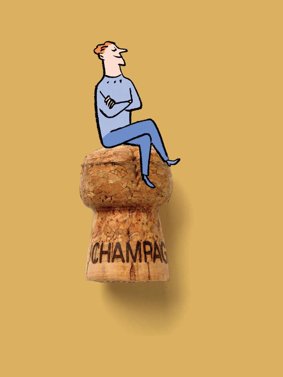 Nishant Choksi, Mixed media illustration of a man sitting on a cork 
