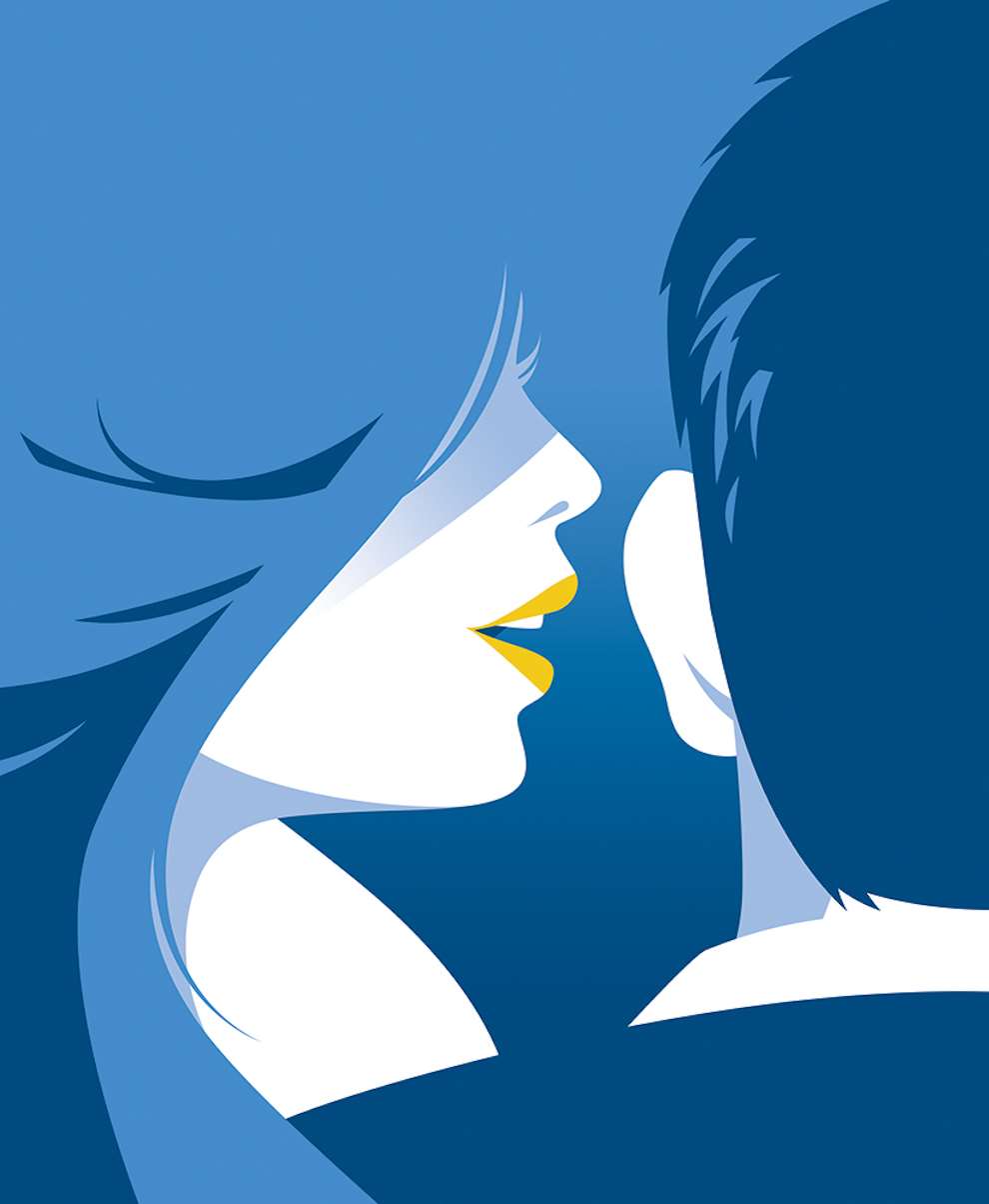 Paul Oakley, Bold and graphic digital minimalist illustration of a woman whispering in a men's ear 