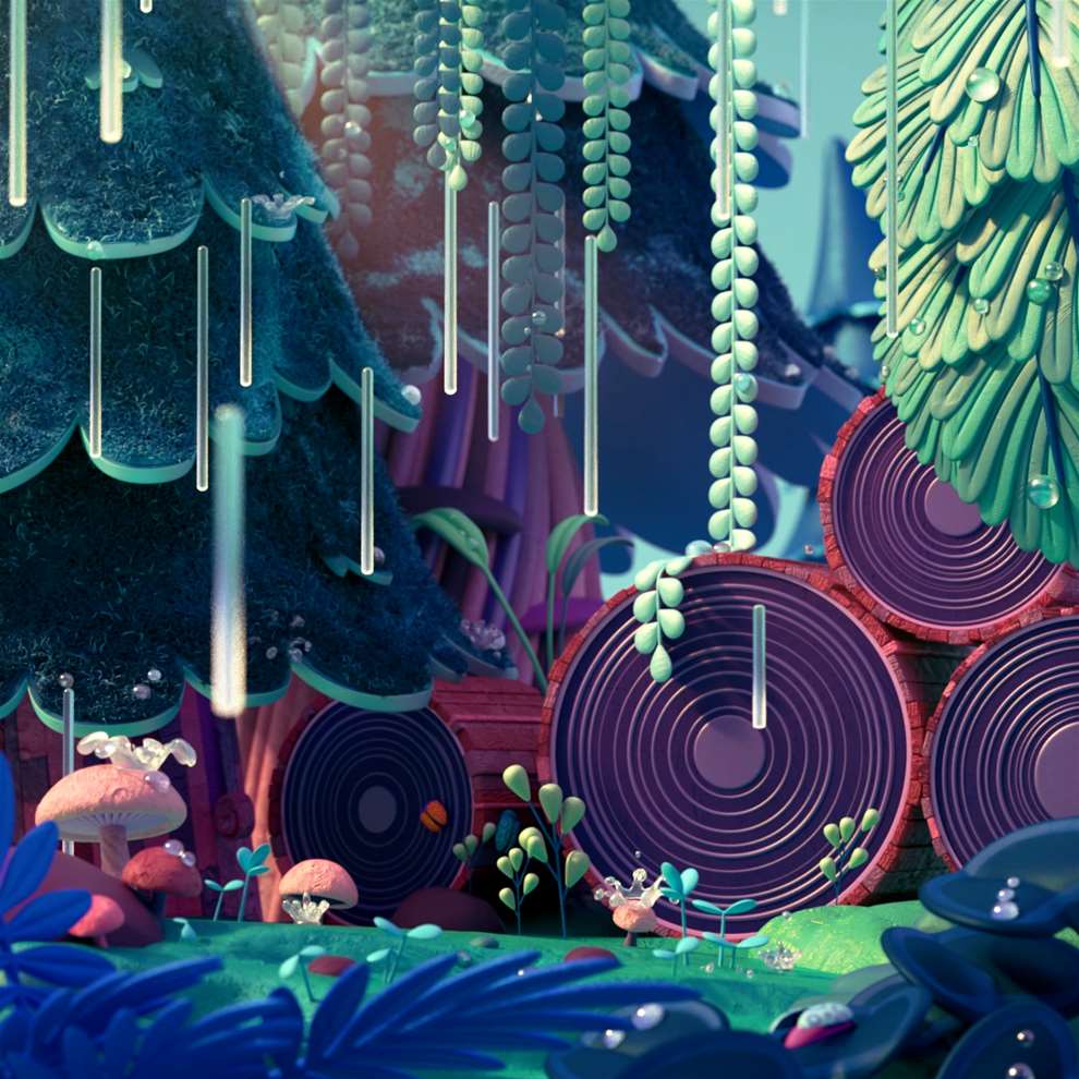 The  Rusted Pixel, Beautiful botanical 3D illustration of rainforest. Created to mimic traditional stop motion, each of the rain splashes are sculpted frame by frame in Zbrush and animated in C4D to give a handmade look.. 