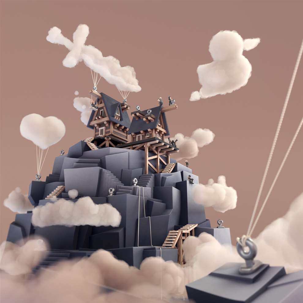 The  Rusted Pixel, Expert 3D stylised illustration of a stack of houses with images in the clouds. CGI animation, 3D style.  