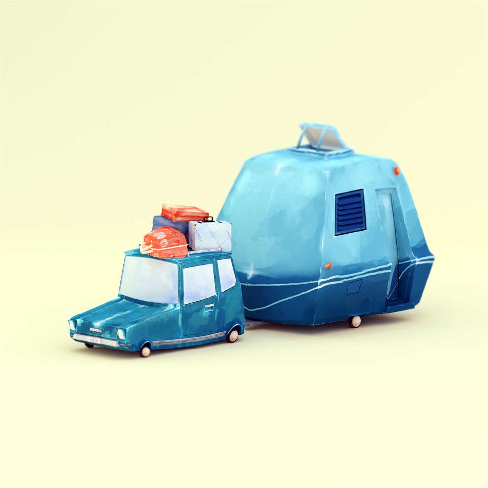 The  Rusted Pixel, Expert 3D stylised illustration of a car and caravan, with luggage strapped to the top. Holiday themed CGI illustration. 