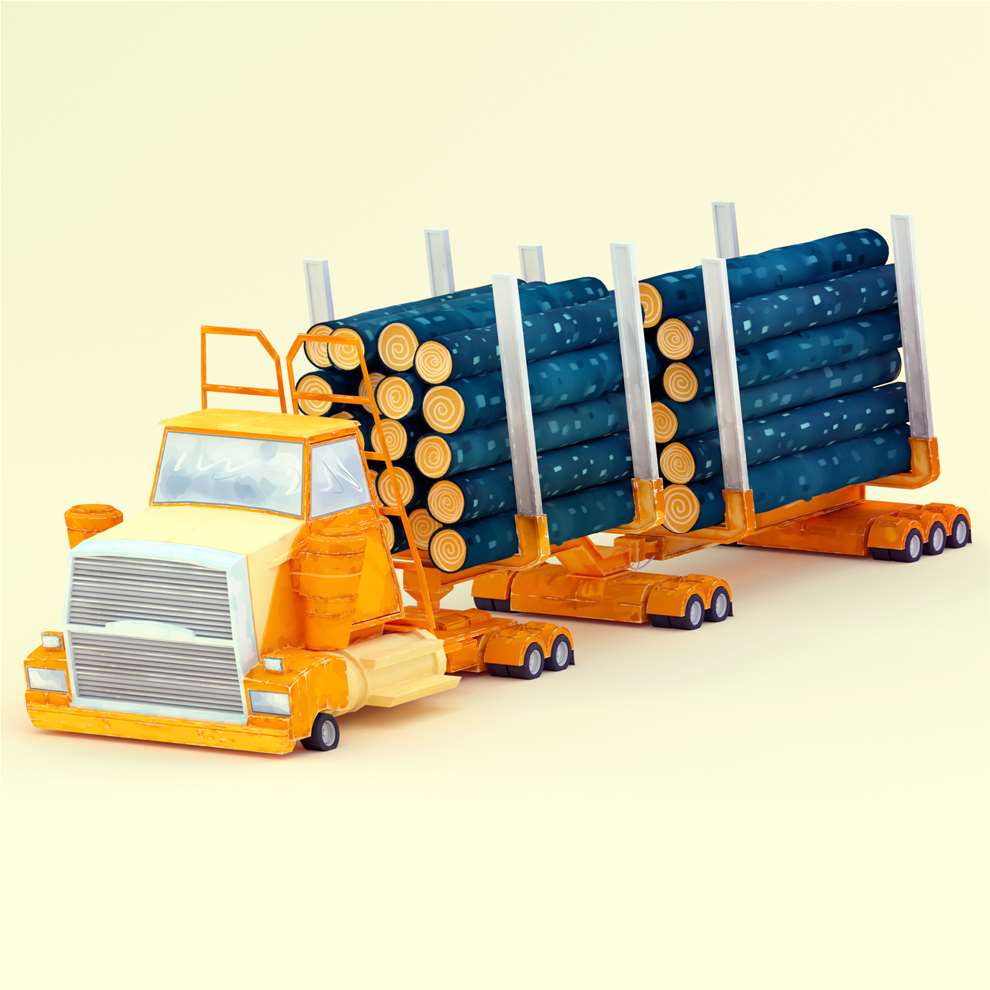 The  Rusted Pixel, Expert 3D stylised illustration of a truck carrying logs  Transport themed CGI illustration.  