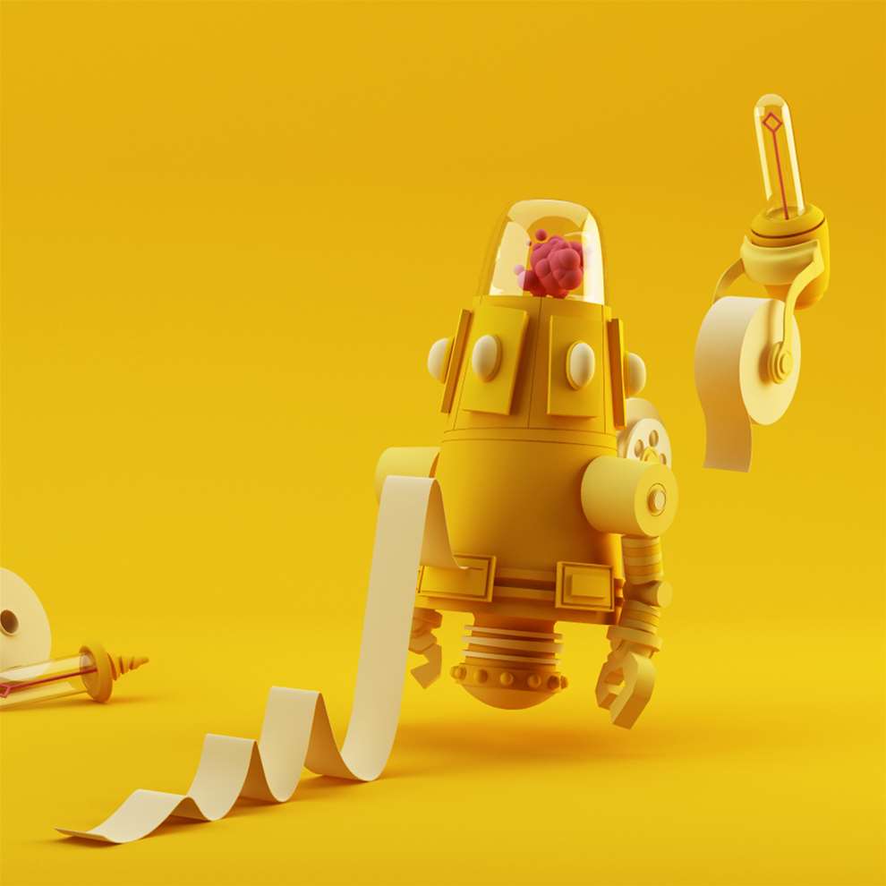 The  Rusted Pixel, Expert 3D stylised illustration of a yellow robot. 